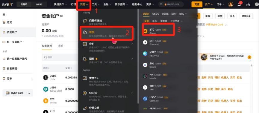 Bybit BTC/USDT现货交易界面截图